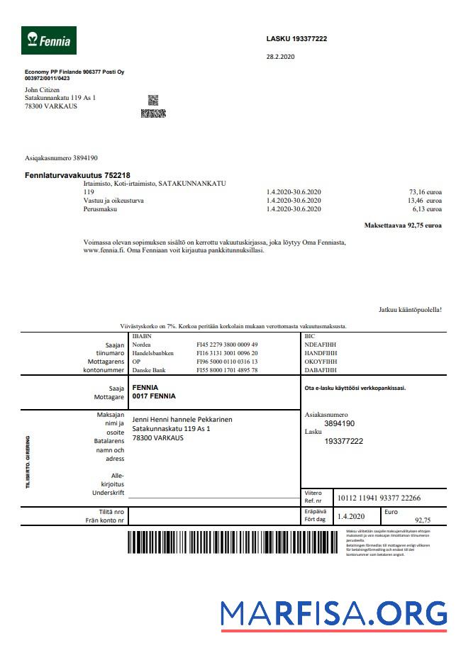 Blank Finland Fennia Insurance company bill template in Word and PDF format